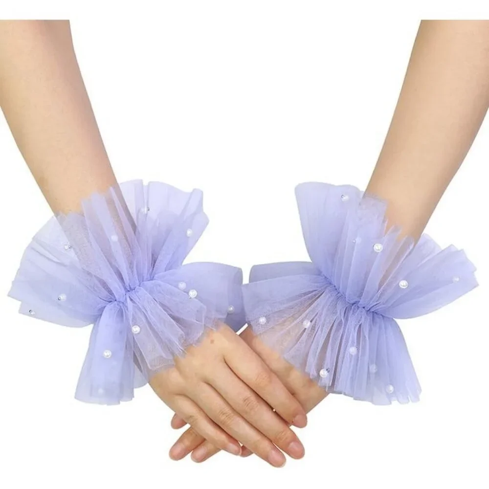 Women's Fingerless Lavender Tulle Pearl Short Lace Gloves Hallowmas Accessory